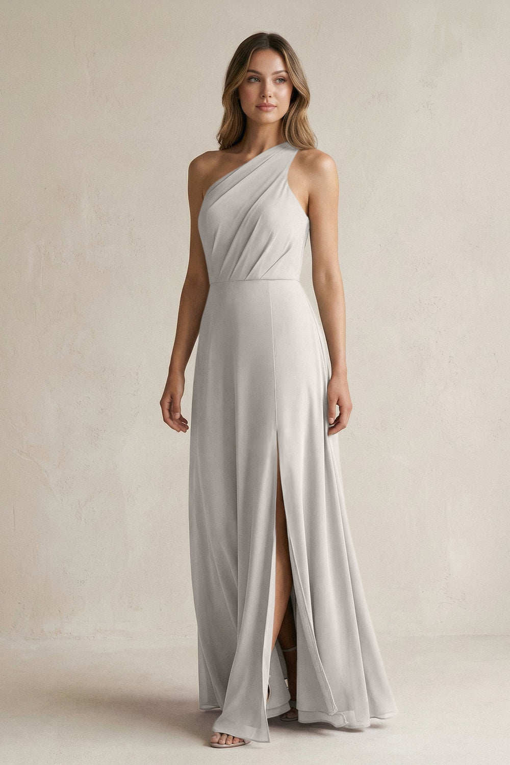 One-Shoulder Chiffon A-Line Bridesmaid Dress With Slit in Silver - KISS BRIDAL BRIDESMAID DRESSES