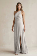 One-Shoulder Chiffon A-Line Bridesmaid Dress With Slit in Silver - SHE IS ME BRIDESMAID DRESSES