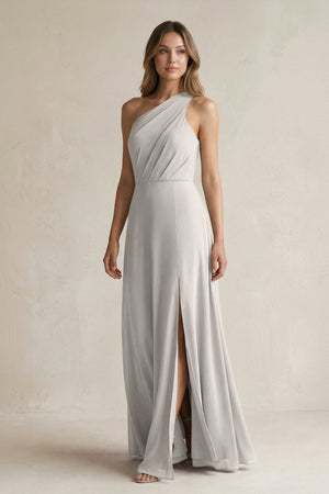 One-Shoulder Chiffon A-Line Bridesmaid Dress With Slit in Silver - SHE IS ME BRIDESMAID DRESSES