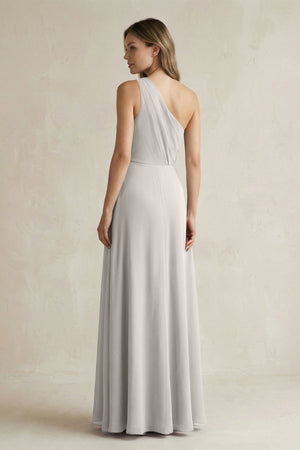 One-Shoulder Chiffon A-Line Bridesmaid Dress With Slit in Silver - SHE IS ME BRIDESMAID DRESSES
