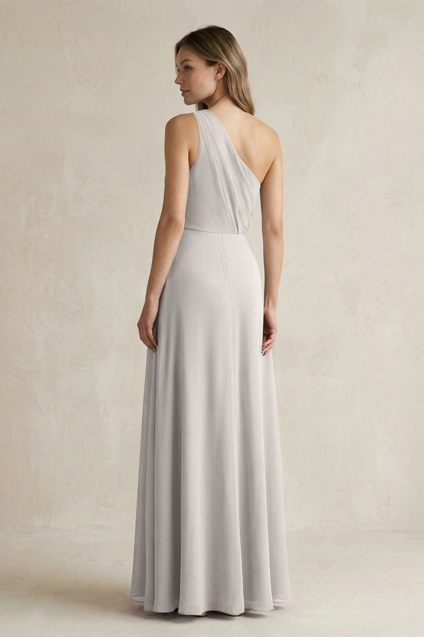 One-Shoulder Chiffon A-Line Bridesmaid Dress With Slit in Silver - SHE IS ME BRIDESMAID DRESSES
