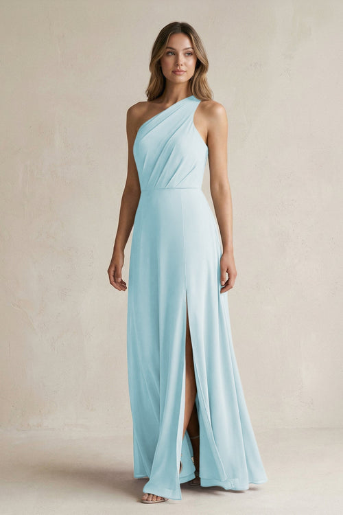 One-Shoulder Chiffon A-Line Bridesmaid Dress With Slit in Sky Blue - SHE IS ME BRIDESMAID DRESSES