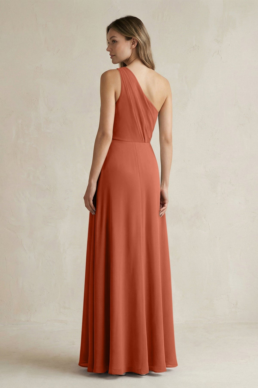 One-Shoulder Chiffon A-Line Bridesmaid Dress With Slit in Spice - KISS BRIDAL BRIDESMAID DRESSES