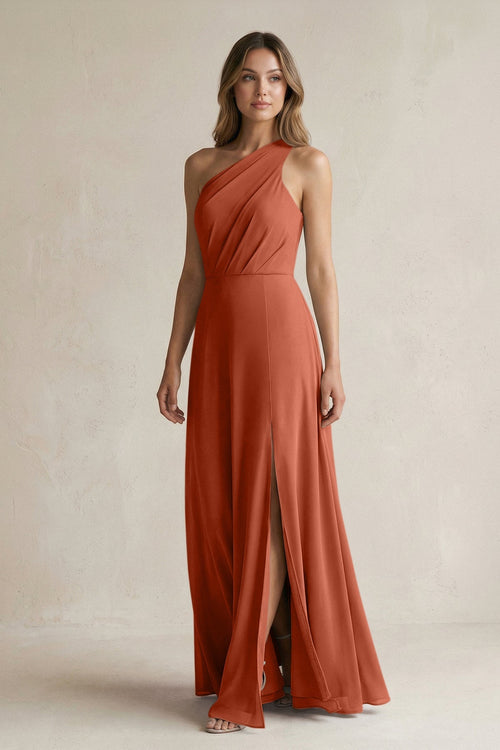 One-Shoulder Chiffon A-Line Bridesmaid Dress With Slit in Spice - SHE IS ME BRIDESMAID DRESSES
