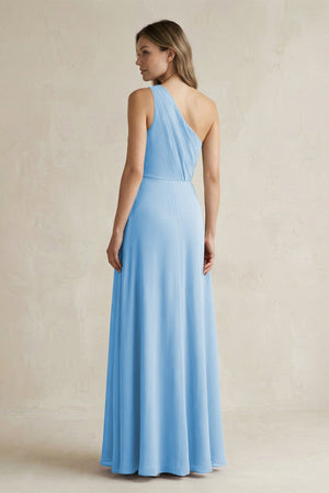 One-Shoulder Chiffon A-Line Bridesmaid Dress With Slit in Steel Blue - SHE IS ME BRIDESMAID DRESSES