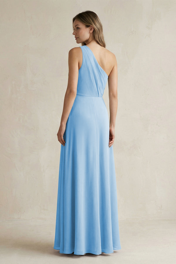 One-Shoulder Chiffon A-Line Bridesmaid Dress With Slit in Steel Blue - SHE IS ME BRIDESMAID DRESSES