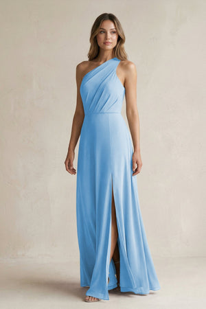 One-Shoulder Chiffon A-Line Bridesmaid Dress With Slit in Steel Blue - SHE IS ME BRIDESMAID DRESSES