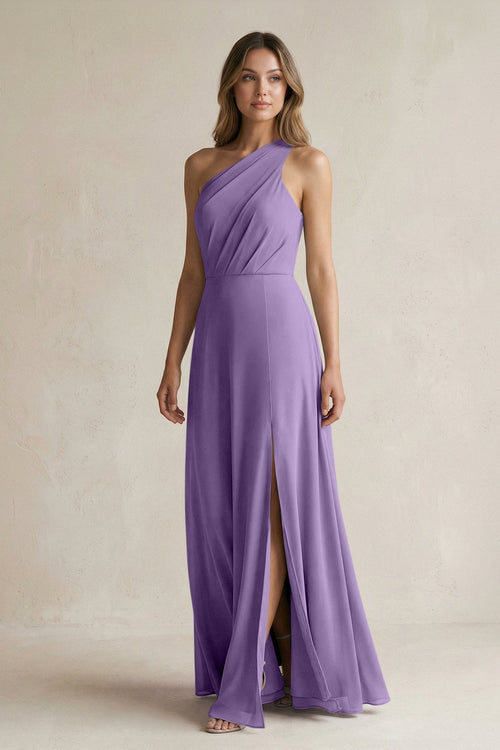 One-Shoulder Chiffon A-Line Bridesmaid Dress With Slit in Tahiti - SHE IS ME BRIDESMAID DRESSES