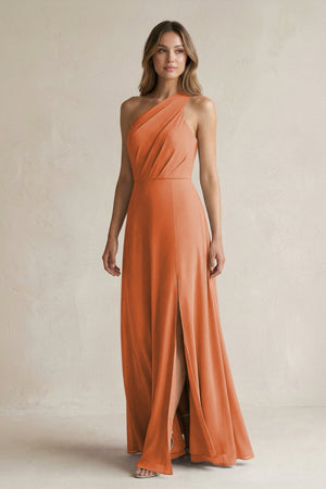 One-Shoulder Chiffon A-Line Bridesmaid Dress With Slit in Terracotta - SHE IS ME BRIDESMAID DRESSES