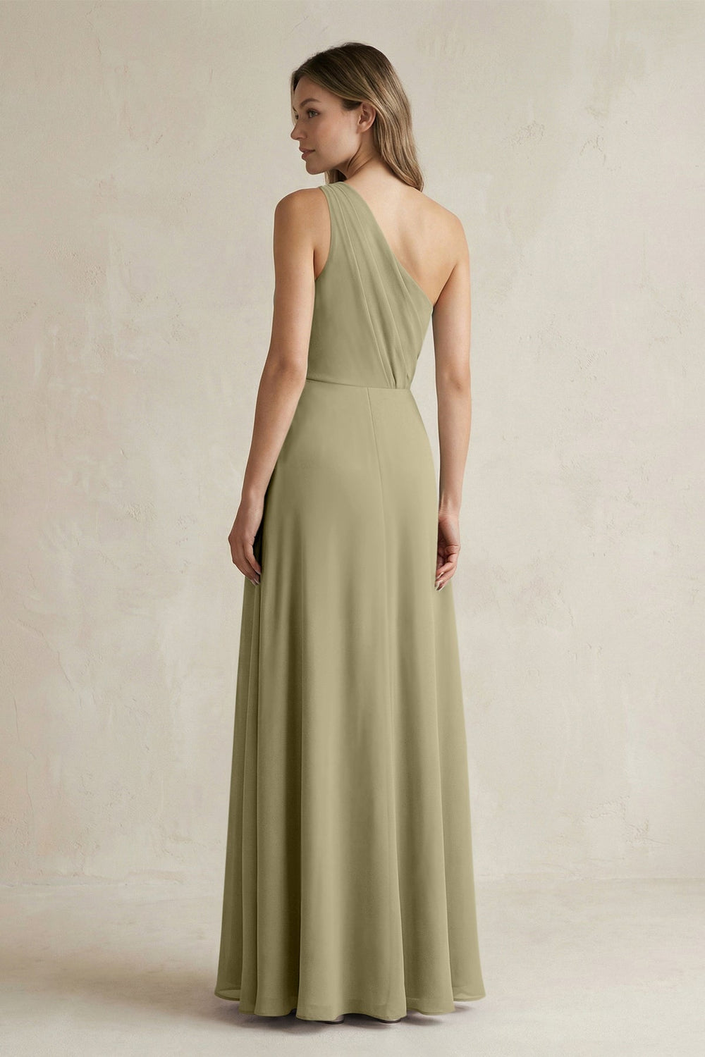 One-Shoulder Chiffon A-Line Bridesmaid Dress With Slit in Thyme - KISS BRIDAL BRIDESMAID DRESSES