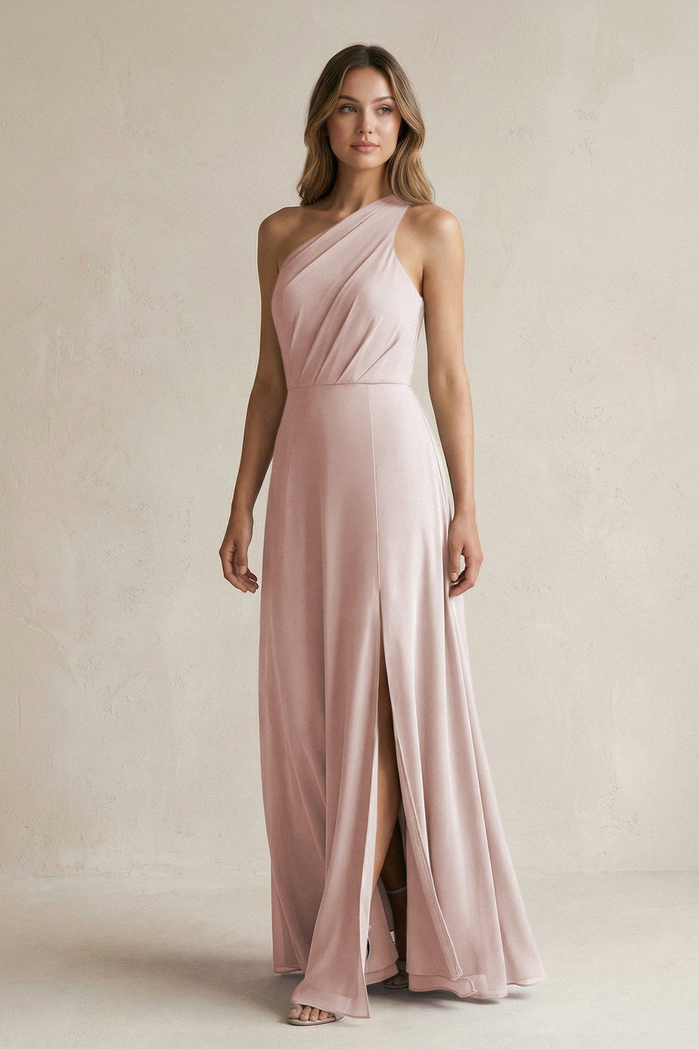 One-Shoulder Chiffon A-Line Bridesmaid Dress With Slit in Toffee - KISS BRIDAL BRIDESMAID DRESSES