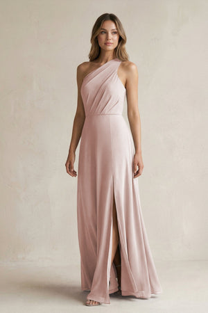 One-Shoulder Chiffon A-Line Bridesmaid Dress With Slit in Toffee - SHE IS ME BRIDESMAID DRESSES
