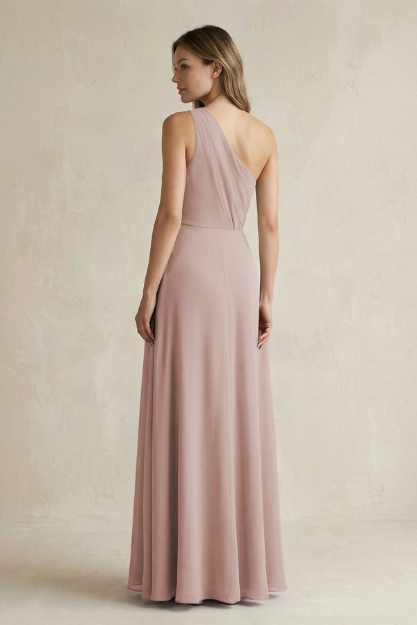 One-Shoulder Chiffon A-Line Bridesmaid Dress With Slit in Toffee (2) | KISSBRIDAL
