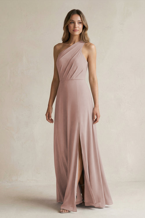 One-Shoulder Chiffon A-Line Bridesmaid Dress With Slit in Toffee | KISSBRIDAL