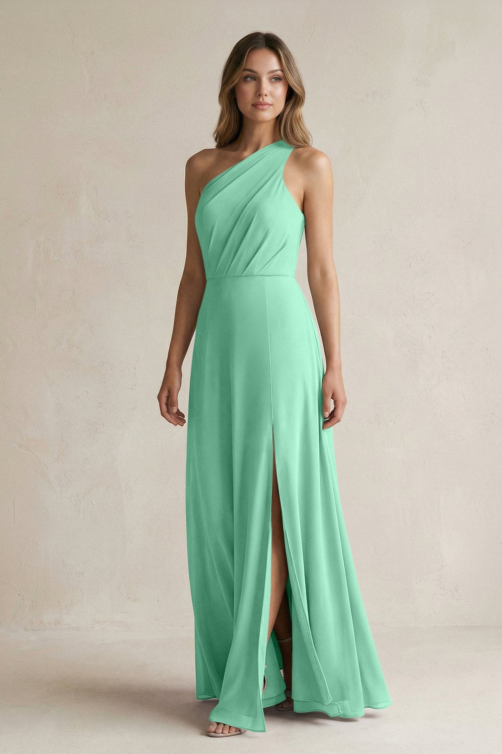 One-Shoulder Chiffon A-Line Bridesmaid Dress With Slit in Turquoise - KISS BRIDAL BRIDESMAID DRESSES