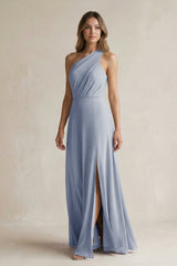 One-Shoulder Chiffon A-Line Bridesmaid Dress With Slit in Twilight - KISS BRIDAL BRIDESMAID DRESSES