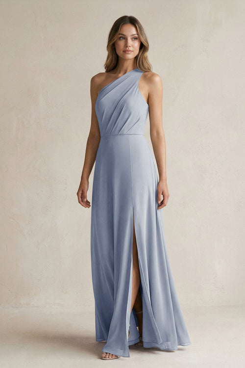 One-Shoulder Chiffon A-Line Bridesmaid Dress With Slit in Twilight - SHE IS ME BRIDESMAID DRESSES