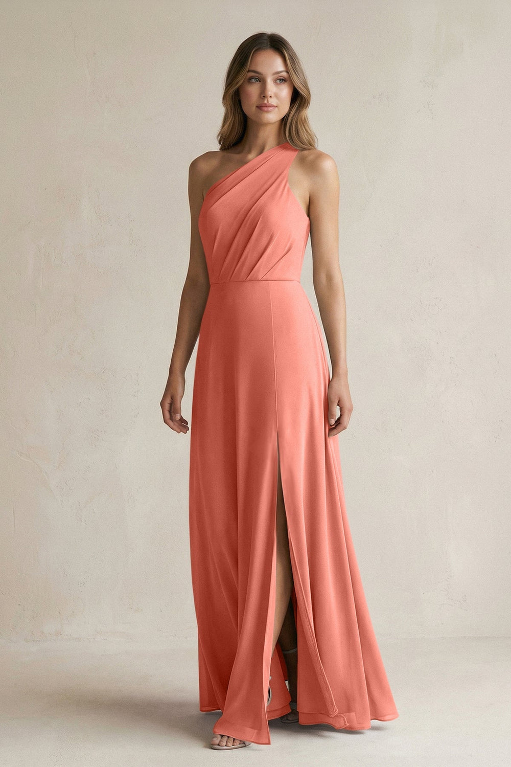 One-Shoulder Chiffon A-Line Bridesmaid Dress With Slit in Wild Rose - KISS BRIDAL BRIDESMAID DRESSES