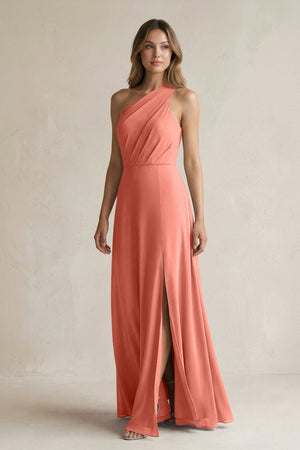 One-Shoulder Chiffon A-Line Bridesmaid Dress With Slit in Wild Rose - SHE IS ME BRIDESMAID DRESSES