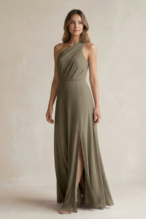One-Shoulder Chiffon A-Line Bridesmaid Dress With Slit in Willow Green - SHE IS ME BRIDESMAID DRESSES