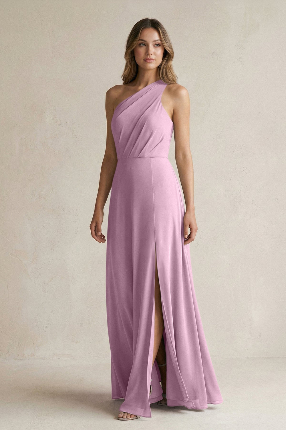 One-Shoulder Chiffon A-Line Bridesmaid Dress With Slit in Wisteria - KISS BRIDAL BRIDESMAID DRESSES