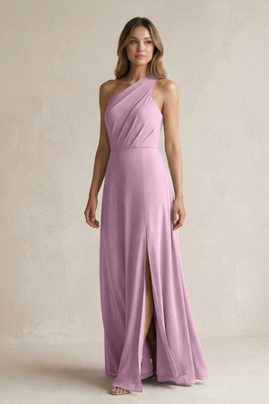 One-Shoulder Chiffon A-Line Bridesmaid Dress With Slit in Wisteria - SHE IS ME BRIDESMAID DRESSES