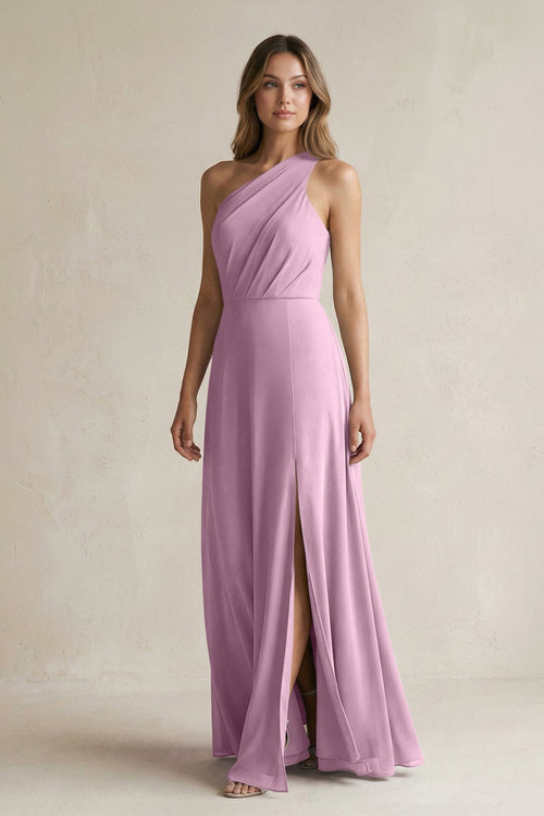 One-Shoulder Chiffon A-Line Bridesmaid Dress With Slit in Wisteria - SHE IS ME BRIDESMAID DRESSES