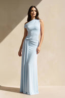 One Shoulder Draped Maxi Dress in Sky Blue - KISS BRIDAL PROM DRESSES