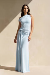 One Shoulder Draped Maxi Dress in Sky Blue - KISS BRIDAL PROM DRESSES
