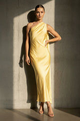 One Shoulder Draped Maxi Dress in Yellow - KISS BRIDAL