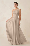 One - Shoulder Lace Chiffon A - Line Bridesmaid Dress in Almond - KISS BRIDAL Bridesmaid Dresses