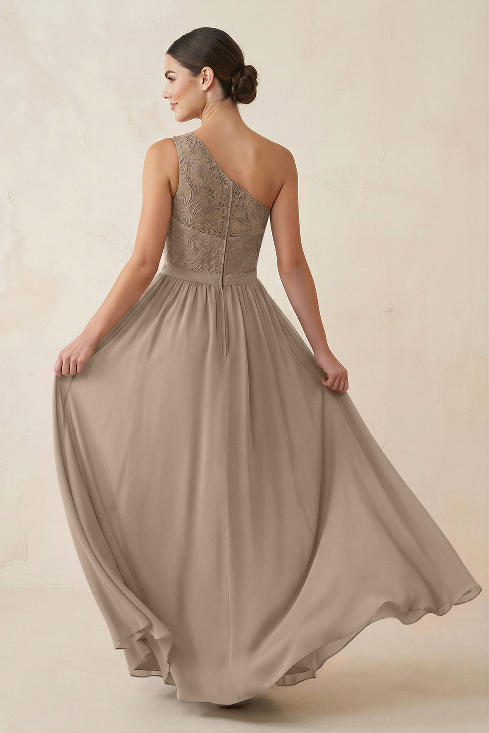 One-Shoulder Lace Chiffon A-Line Bridesmaid Dress in Almond