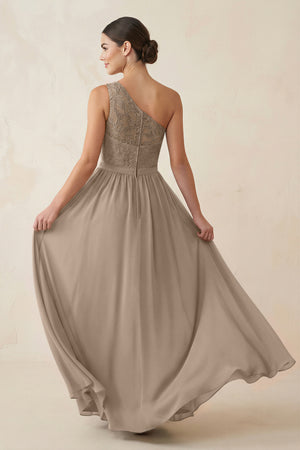 One-Shoulder Lace Chiffon A-Line Bridesmaid Dress in Almond (2) | KISSBRIDAL
