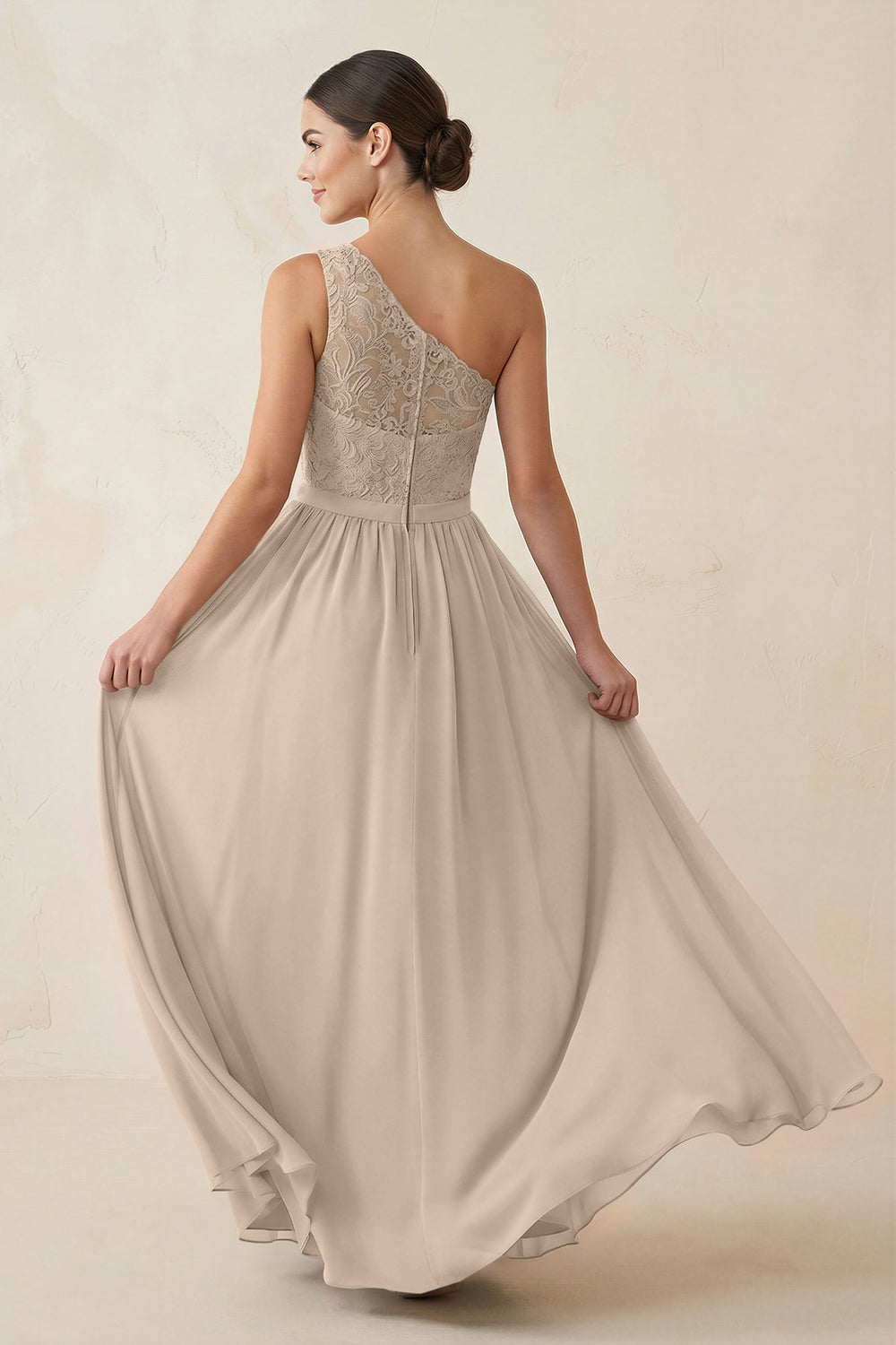 One - Shoulder Lace Chiffon A - Line Bridesmaid Dress in Almond - KISS BRIDAL Bridesmaid Dresses