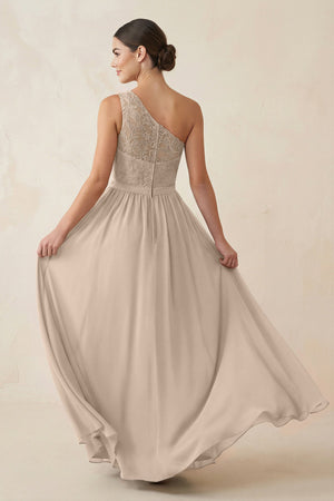 One - Shoulder Lace Chiffon A - Line Bridesmaid Dress in Almond - KISS BRIDAL Bridesmaid Dresses