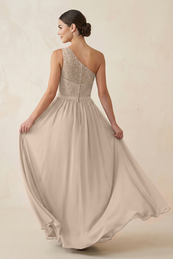 One - Shoulder Lace Chiffon A - Line Bridesmaid Dress in Almond - KISS BRIDAL Bridesmaid Dresses