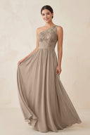 One-Shoulder Lace Chiffon A-Line Bridesmaid Dress in Almond | KISSBRIDAL