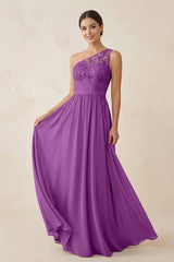 One - Shoulder Lace Chiffon A - Line Bridesmaid Dress in Amethyst - KISS BRIDAL Bridesmaid Dresses