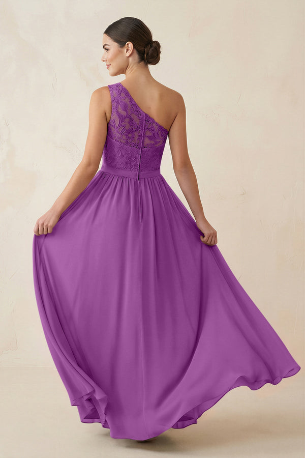 One - Shoulder Lace Chiffon A - Line Bridesmaid Dress in Amethyst - KISS BRIDAL Bridesmaid Dresses