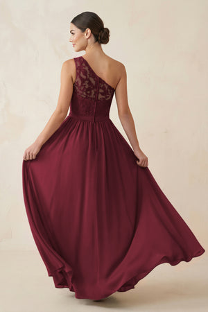 One-Shoulder Lace Chiffon A-Line Bridesmaid Dress in Berry (2) | KISSBRIDAL