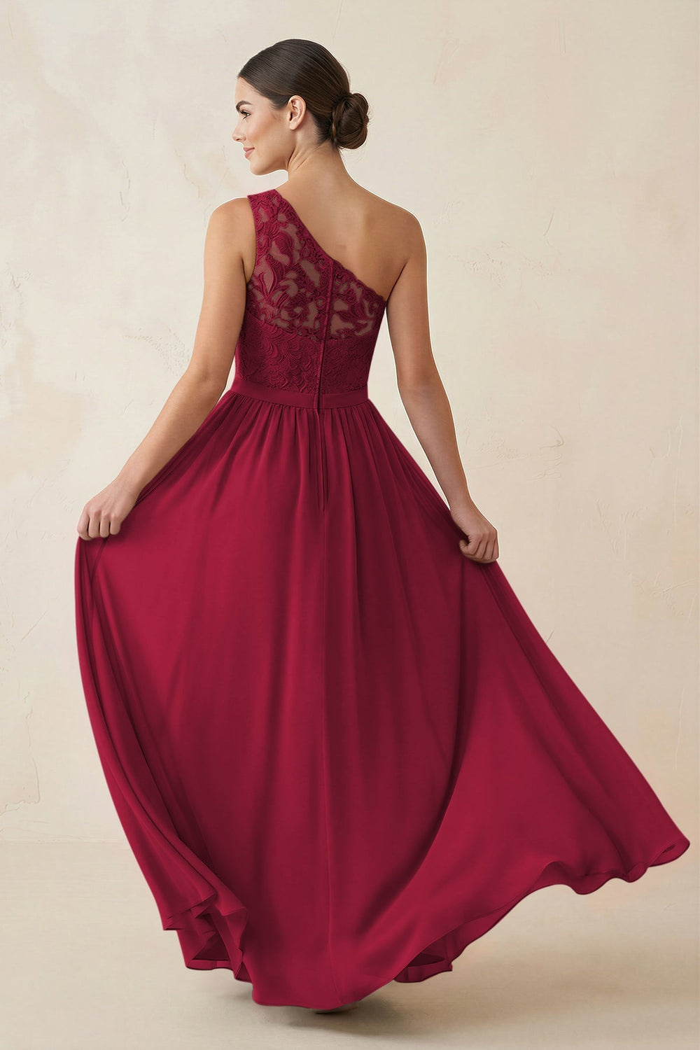 One - Shoulder Lace Chiffon A - Line Bridesmaid Dress in Berry - KISS BRIDAL Bridesmaid Dresses