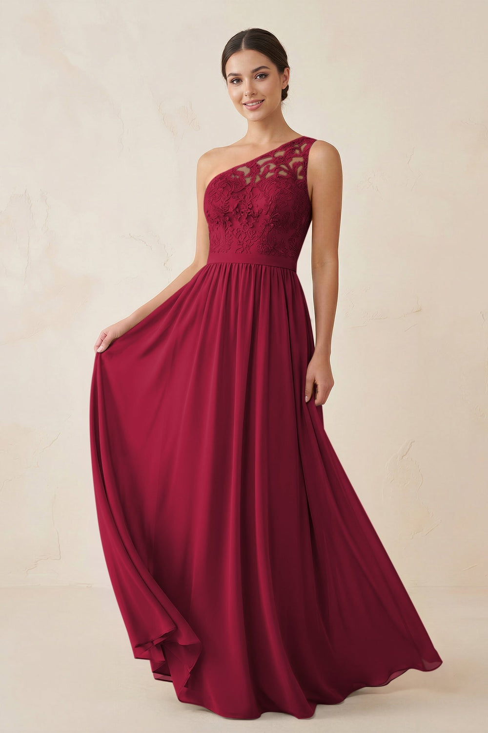 One - Shoulder Lace Chiffon A - Line Bridesmaid Dress in Berry - KISS BRIDAL Bridesmaid Dresses
