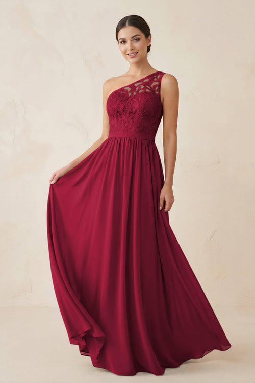 One - Shoulder Lace Chiffon A - Line Bridesmaid Dress in Berry - KISS BRIDAL Bridesmaid Dresses