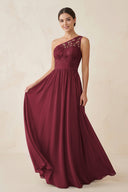 One-Shoulder Lace Chiffon A-Line Bridesmaid Dress in Berry | KISSBRIDAL