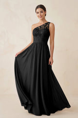 One - Shoulder Lace Chiffon A - Line Bridesmaid Dress in Black - KISS BRIDAL Bridesmaid Dresses