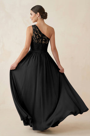 One - Shoulder Lace Chiffon A - Line Bridesmaid Dress in Black - KISS BRIDAL Bridesmaid Dresses