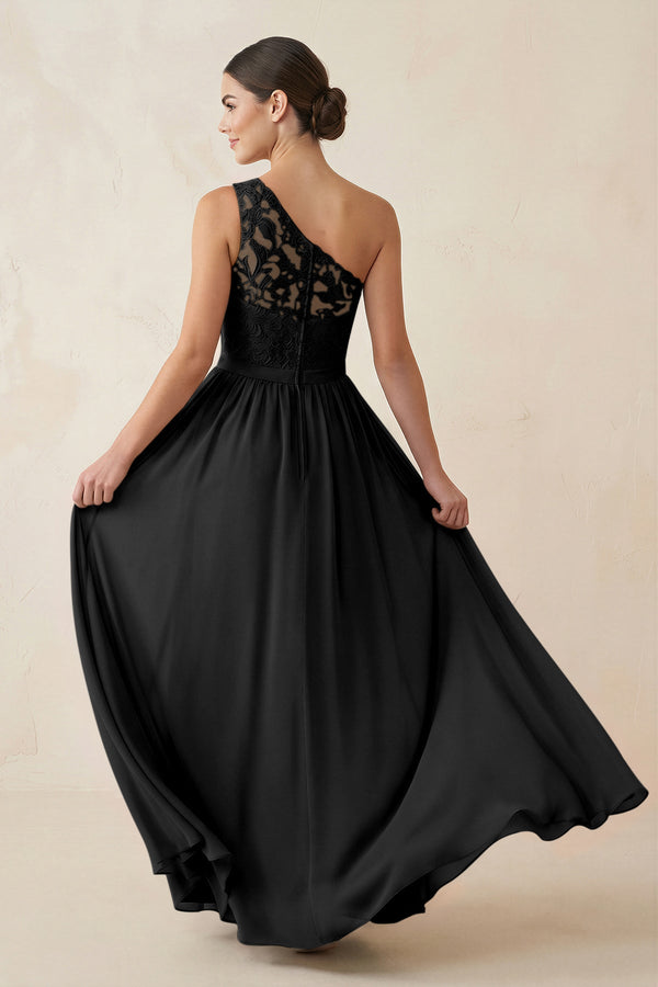 One - Shoulder Lace Chiffon A - Line Bridesmaid Dress in Black - KISS BRIDAL Bridesmaid Dresses