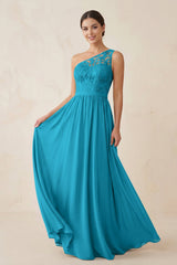 One - Shoulder Lace Chiffon A - Line Bridesmaid Dress in Blue Jay - KISS BRIDAL Bridesmaid Dresses