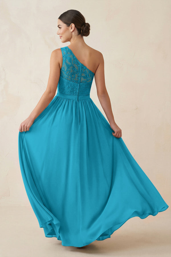 One - Shoulder Lace Chiffon A - Line Bridesmaid Dress in Blue Jay - KISS BRIDAL Bridesmaid Dresses