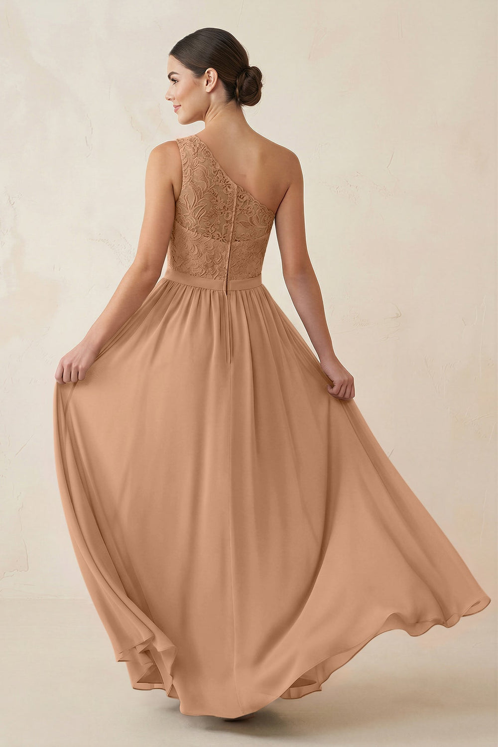 One - Shoulder Lace Chiffon A - Line Bridesmaid Dress in Bronzer - KISS BRIDAL Bridesmaid Dresses